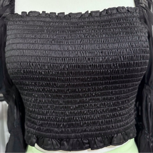 Urban Outfitters Black Smocked Crop Top Sheer Bubble Sleeve Blouse Medium - Picture 4 of 11